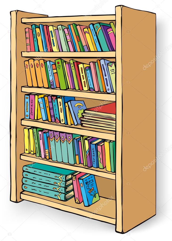 Vector illustration. Bookcase with varied collection of books