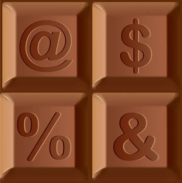 Vector set of stylized characters printed on blocks of chocolate bar. Signs Email, dollar, percent — Stock Vector