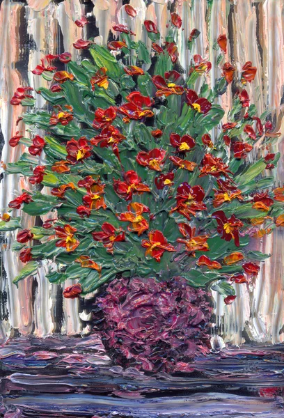 Olio naturale naturale. Bouquet di fiori rossi in vaso rotondo — Foto Stock