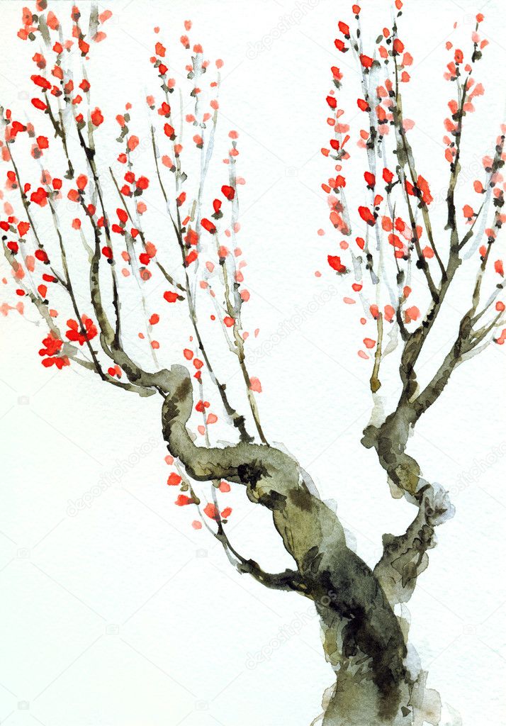 Watercolor background. Red flowers on tree branches