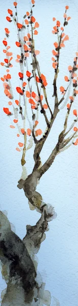 Watercolor background in Japanese style. Red flowers on tree branches — Stock Photo, Image