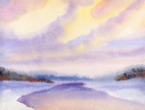 Watercolor winter landscape. Evening sky over lake — Stock Photo, Image