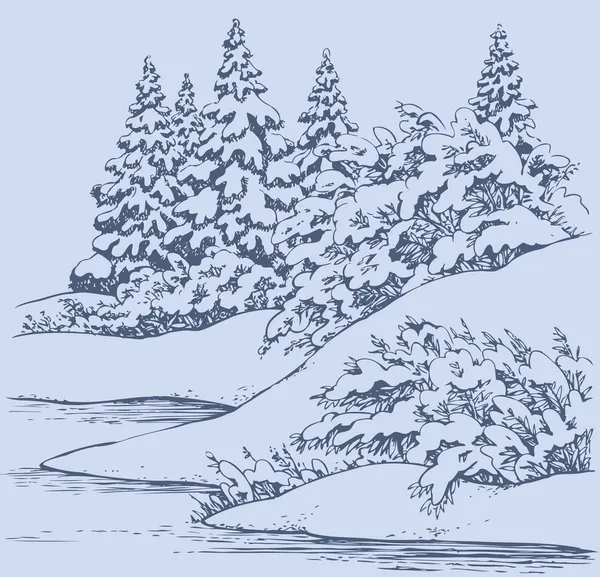 Vektorskizze. Winterwaldlandschaft mit gefrorenem Fluss — Stockvektor