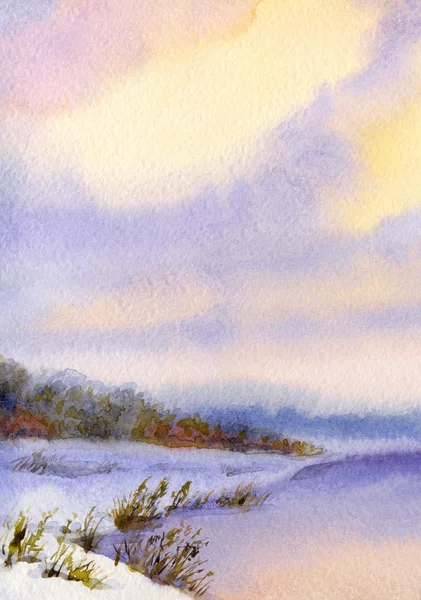 Aquarel winterlandschap. avondlucht over rivier — Stockfoto