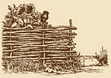 Vector sketch of old wicker fence with sunflowers clipart