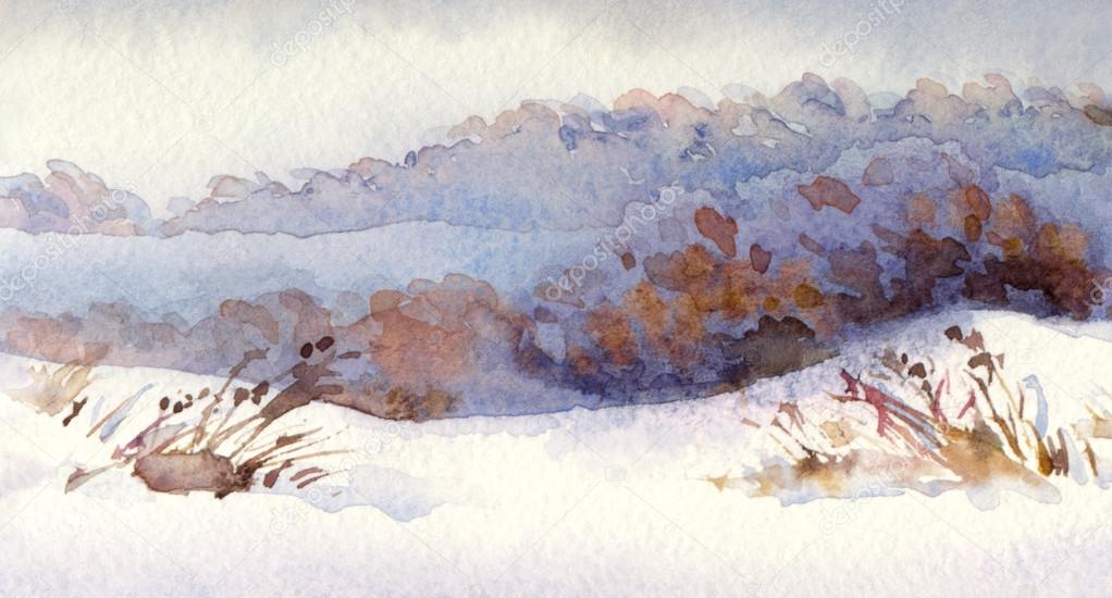 Watercolor winter landscape. Snowy field with weeds and shrubs