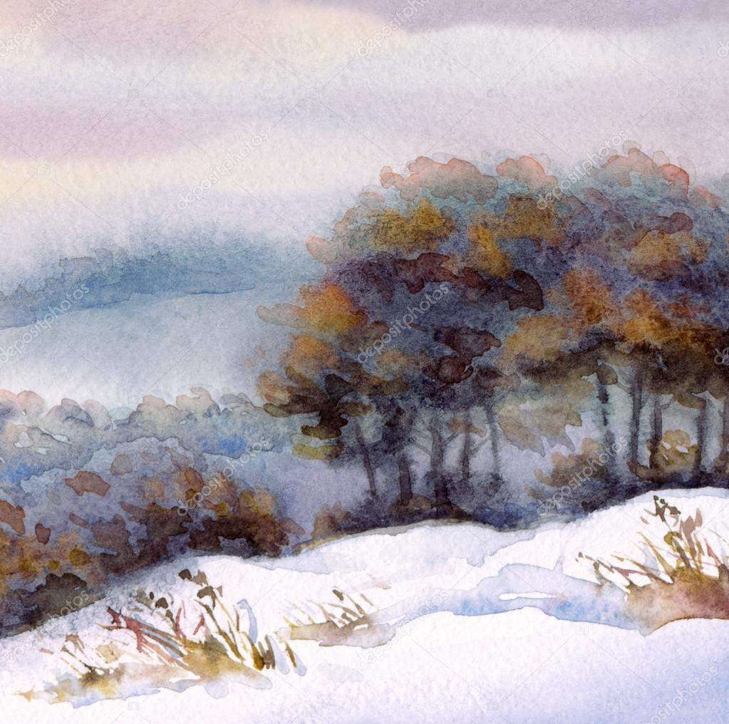 Watercolor winter landscape. Snow-covered valley and trees on the hill