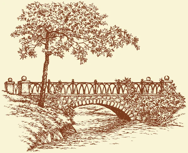 Векторный пейзаж. Клен возле древнего моста через небольшую реку — стоковый вектор
