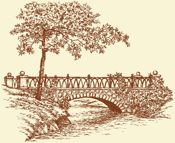 Векторный пейзаж. Клен возле древнего моста через небольшую реку
