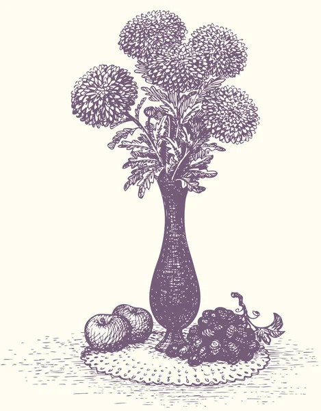 Vecteur nature morte. Pommes et raisins près de bouquet en vase haut — Image vectorielle