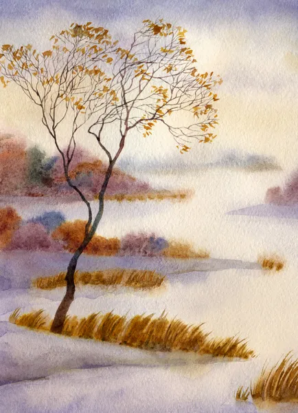 Paisagem aquarela. Lago coberto de neve na névoa — Fotografia de Stock