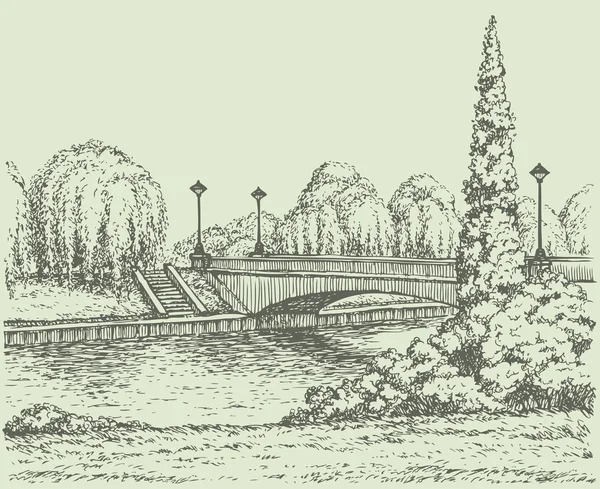 Paisaje vectorial. Parque de árboles en el puente del río con linternas — Archivo Imágenes Vectoriales