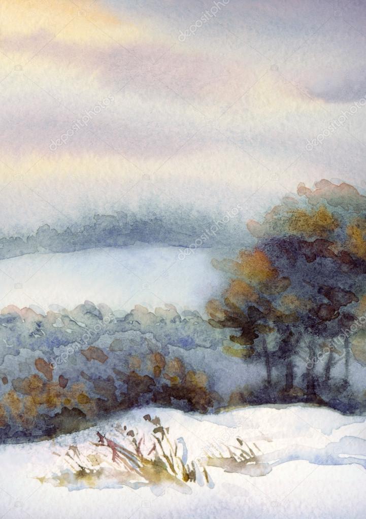 Watercolor winter landscape. Snow-covered valley and trees on the hill