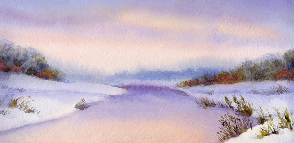 Aquarell Winterlandschaft. Abendhimmel über dem Fluss — Stockfoto