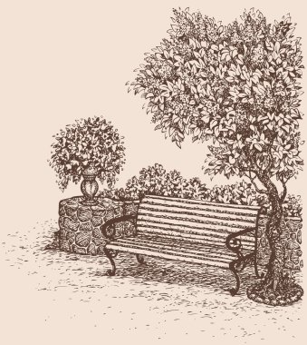 vektör çizimi. Park tezgah altında bir çiçek leylak bush