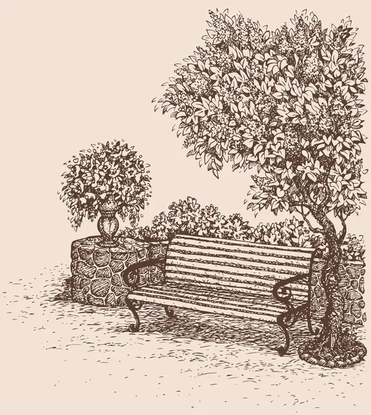 Vector drawing. Park bench under a blooming lilac bush — Stock Vector