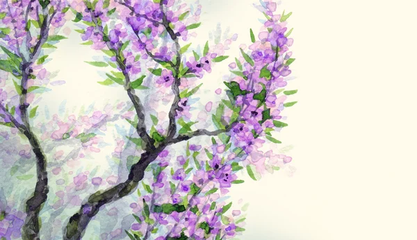 Watercolor spring background. Violet flowers on tree branches — Stock Photo, Image