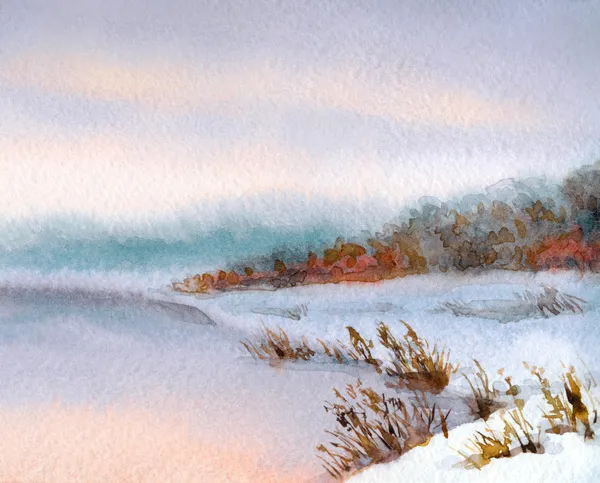 Paysage hivernal aquarelle. Ciel nocturne sur la rivière — Photo