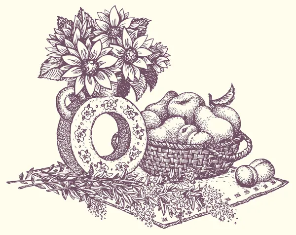 Vector bodegón. Florero con flores y fruta en cesta — Archivo Imágenes Vectoriales