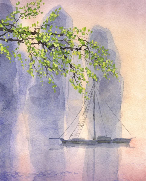 Watercolor landscape. Boat in a quiet bay at morning mist — Stock Photo, Image