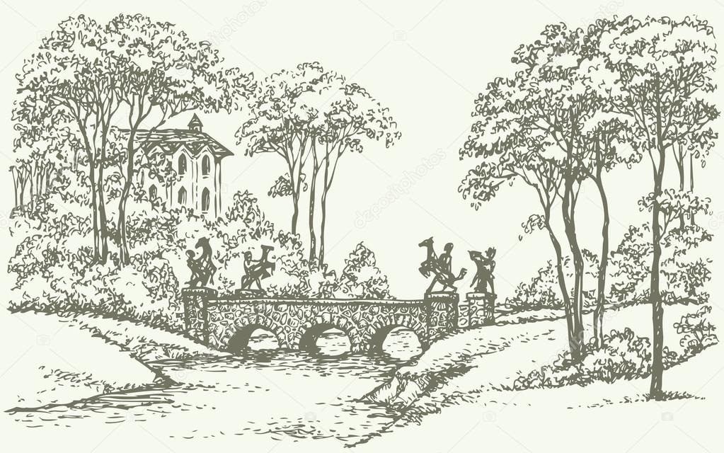 Vector landscape. Stone bridge over a rivulet in palace park