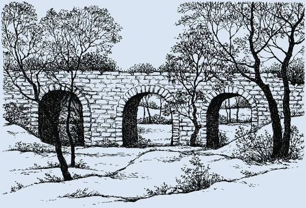 Vector landscape. Old dilapidated stone bridge in the park — Stock Vector