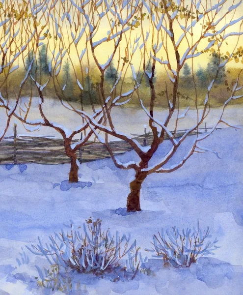 Akvarell vidéki táj. télikert — Stock Fotó