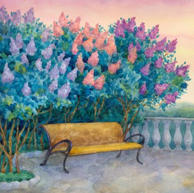 Watercolor landscape. Bench under a flowering lilac clipart