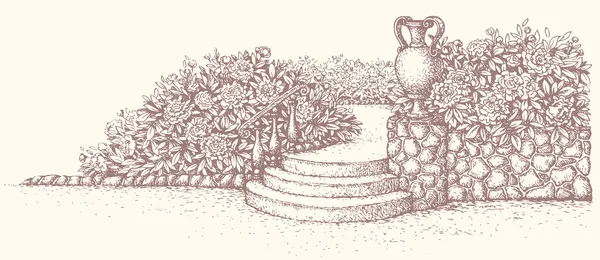 Vector park landscape. Stairs surrounded by blooming flowerbeds — Stock Illustration Vector park landscape. Stairs surrounded by blooming flowerbeds Royalty Free Stock Illustrations