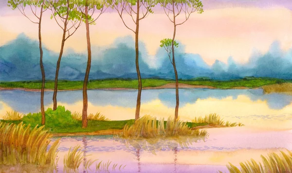Paesaggio acquerello. Alba primaverile sul lago — Foto Stock