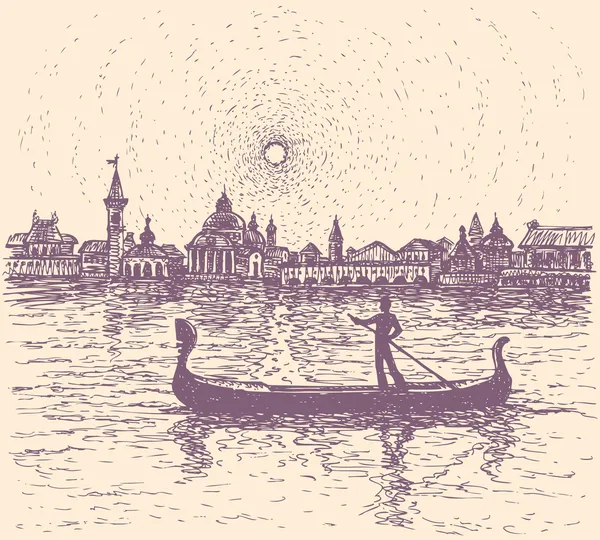 Esboço vetorial. Gondolier flutua em uma gôndola em Veneza — Vetor de Stock