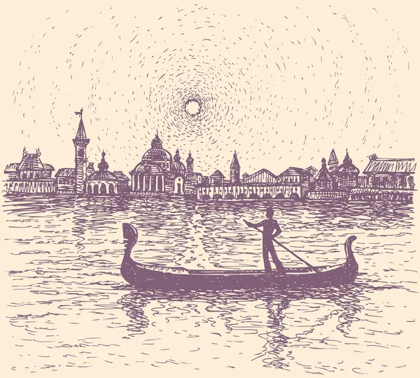 Croquis vectoriel. Gondolier flotte sur une gondole à Venise — Image vectorielle