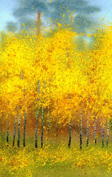 Watercolor landscape. Autumn birches in the forest — Stock Photo, Image