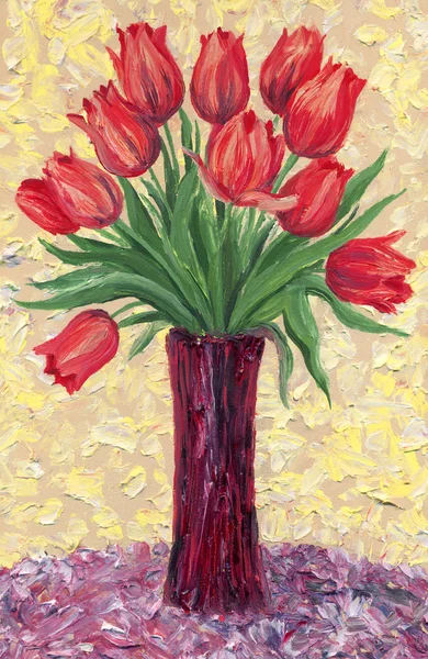 Huile de la nature morte. Bouquet de tulipes rouges en vase haut — Photo