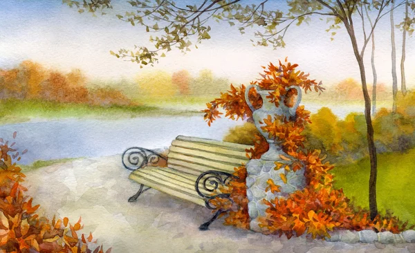 Watercolor landscape. Decorative bench in autumn park — Stock Photo, Image