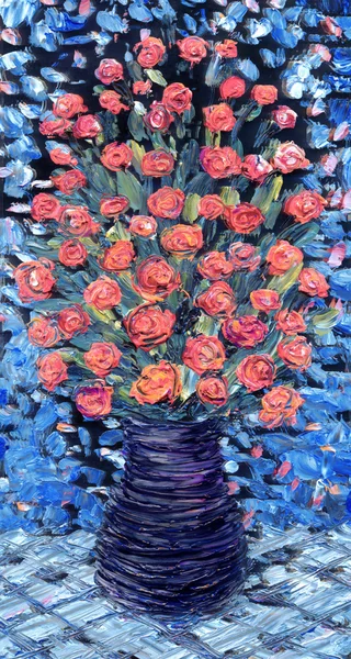 静物油。蓝色背景上的红色花朵的花束 — 图库照片