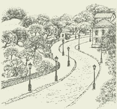 Cityscape vektör. Cadde boyunca eski şehirde çitlerle çevrili park