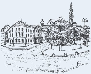 Cityscape vektör. Park avenue ve şehir sokakları ve eski binalar