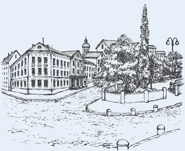 Paysage urbain vectoriel. Avenue du parc et vieux bâtiments des rues de la ville — Image vectorielle