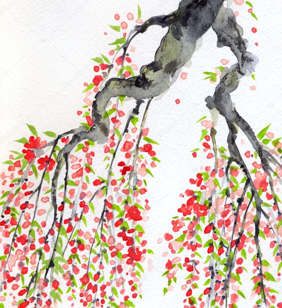 Watercolor background. Pink flowers in spring blooming of an old tree
