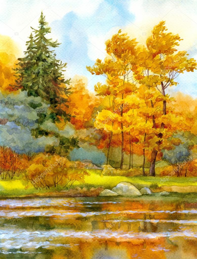 Watercolor landscape. Autumnal forest on the lake