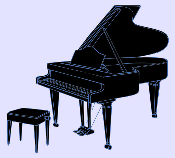 Vector drawing of grand piano and stool for musician