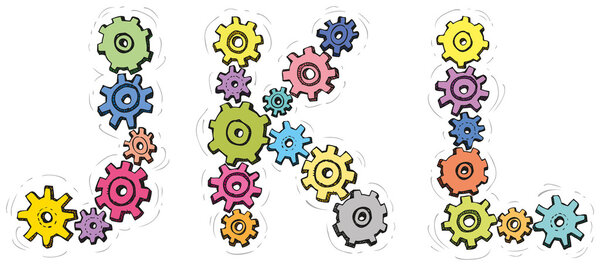 Vector alphabet of caricature letters from spinning gears