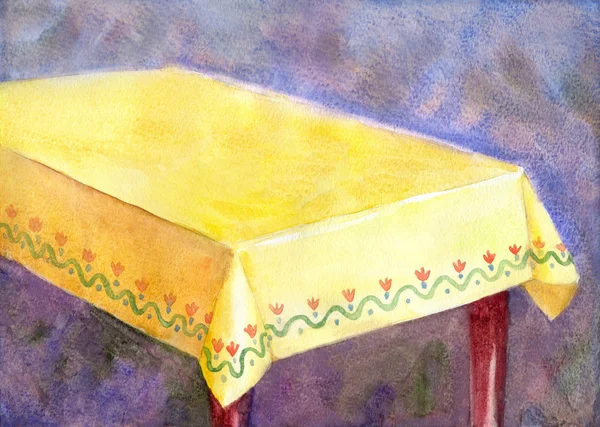 Watercolor painting table with yellow cloth — Stock Photo, Image