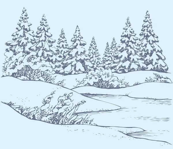 Vektorskizze. Winterwaldlandschaft mit gefrorenem Fluss — Stockvektor