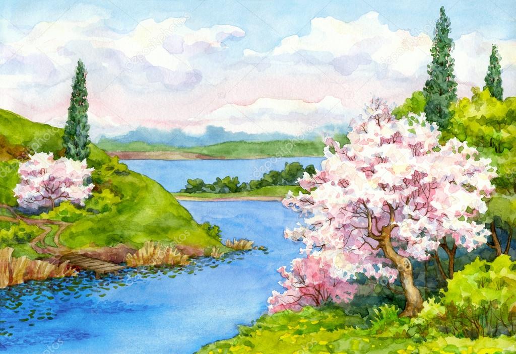 水彩笔春天风景画图片