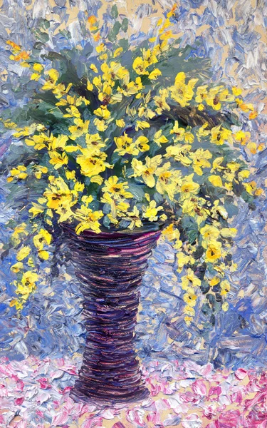 Still life oil. Bouquet of yellow flowers in purple vase — Stock Photo, Image