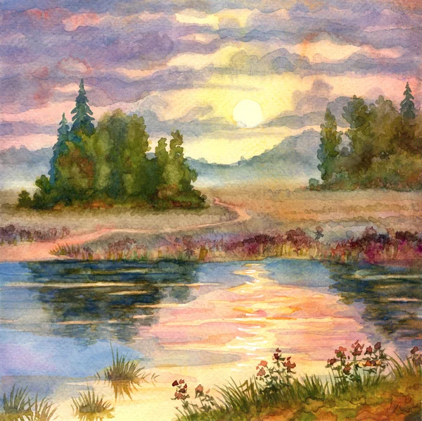 Paysage aquarelle. Coucher de soleil sur le lac — Photo