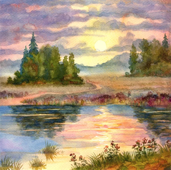 Watercolor landscape. Sunset over lake — Stock Photo, Image