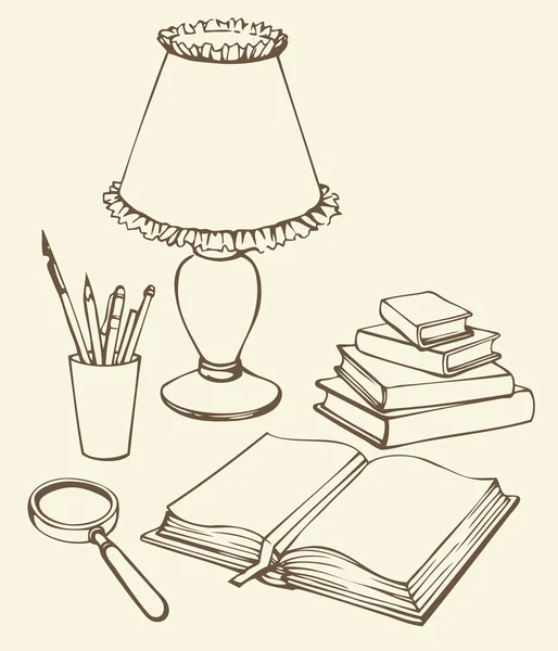 Vector still life. Books, magnifying glass, lamp and pens — Stock Vector